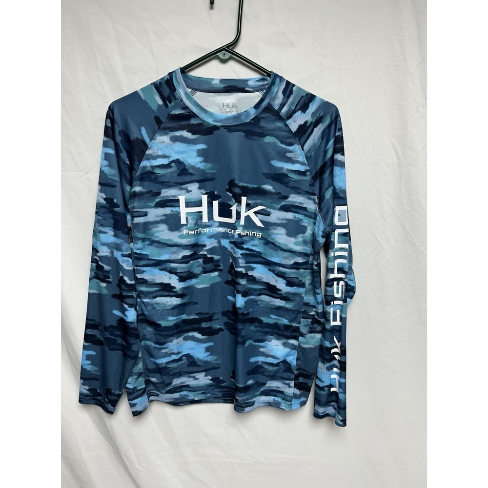 Huk Pullover Performance Fishing Shirt Blue Camo Print Long Sleeve Men's Small